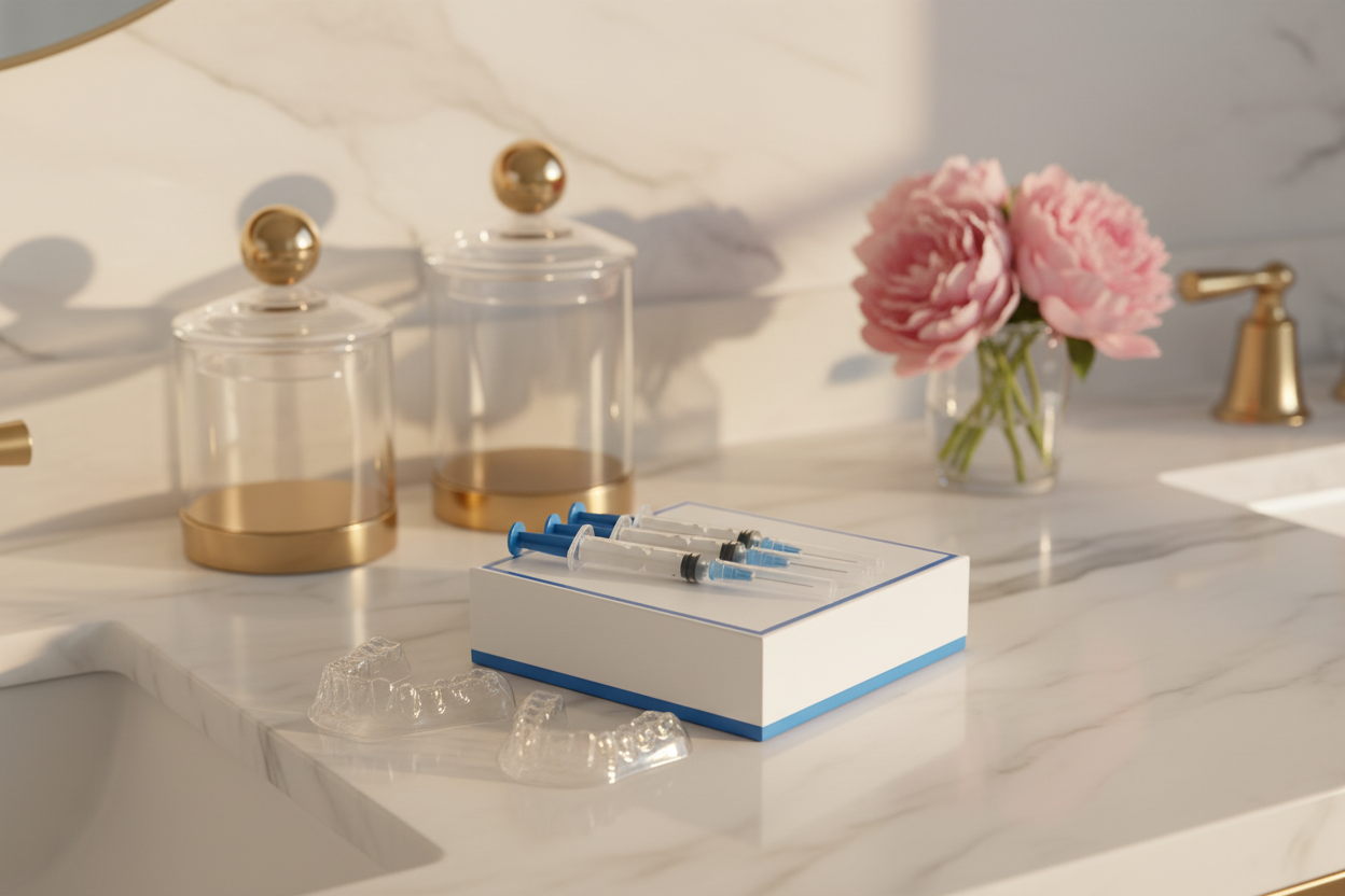 add 3 syringes laid out on top of the box, make them be placed on a fancy marble bathroom counter top. in the background, include 2 clear glass canisters with gold round handles on top. put a small vase of blush pink ponies on the counter. make the image have warm lighting to highlight the box, syringe and trays